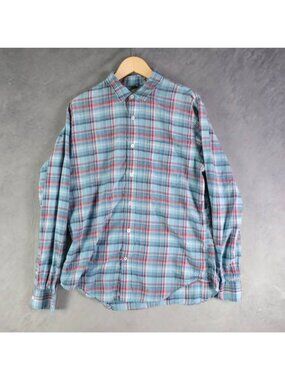 Relwen Shirt Mens Large Blue Red White Plaid Flyweight Flex Button Up